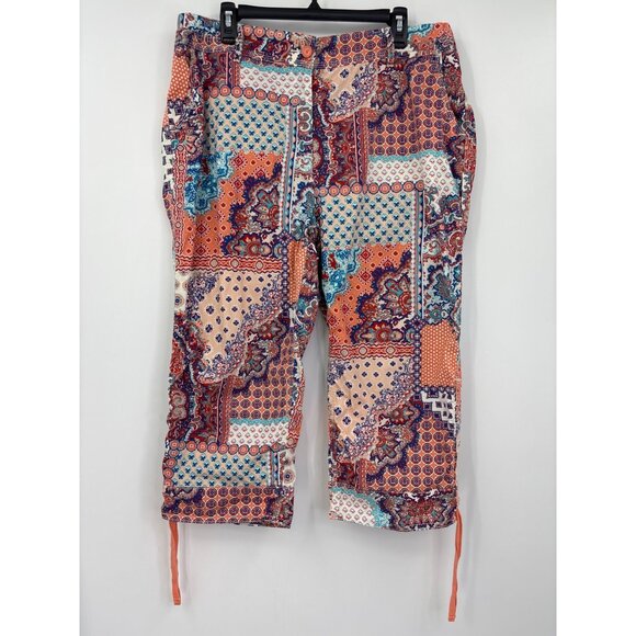 Chico's Paisley Print Drawstring Hem Crop Pant Orange Blue Size 2.5 (14) Large - Picture 1 of 6